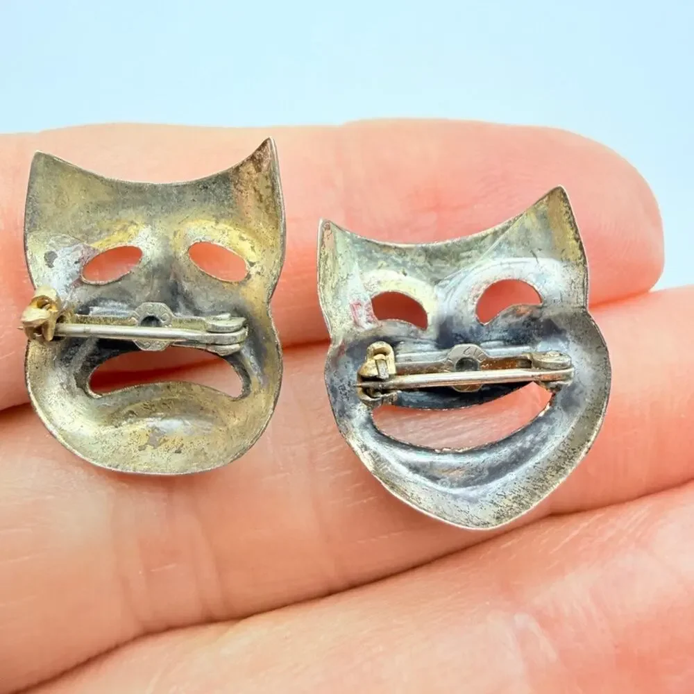 Vintage Sterling Silver Comedy Tragedy Theater Mask Brooch Pin Set of 2 Drama